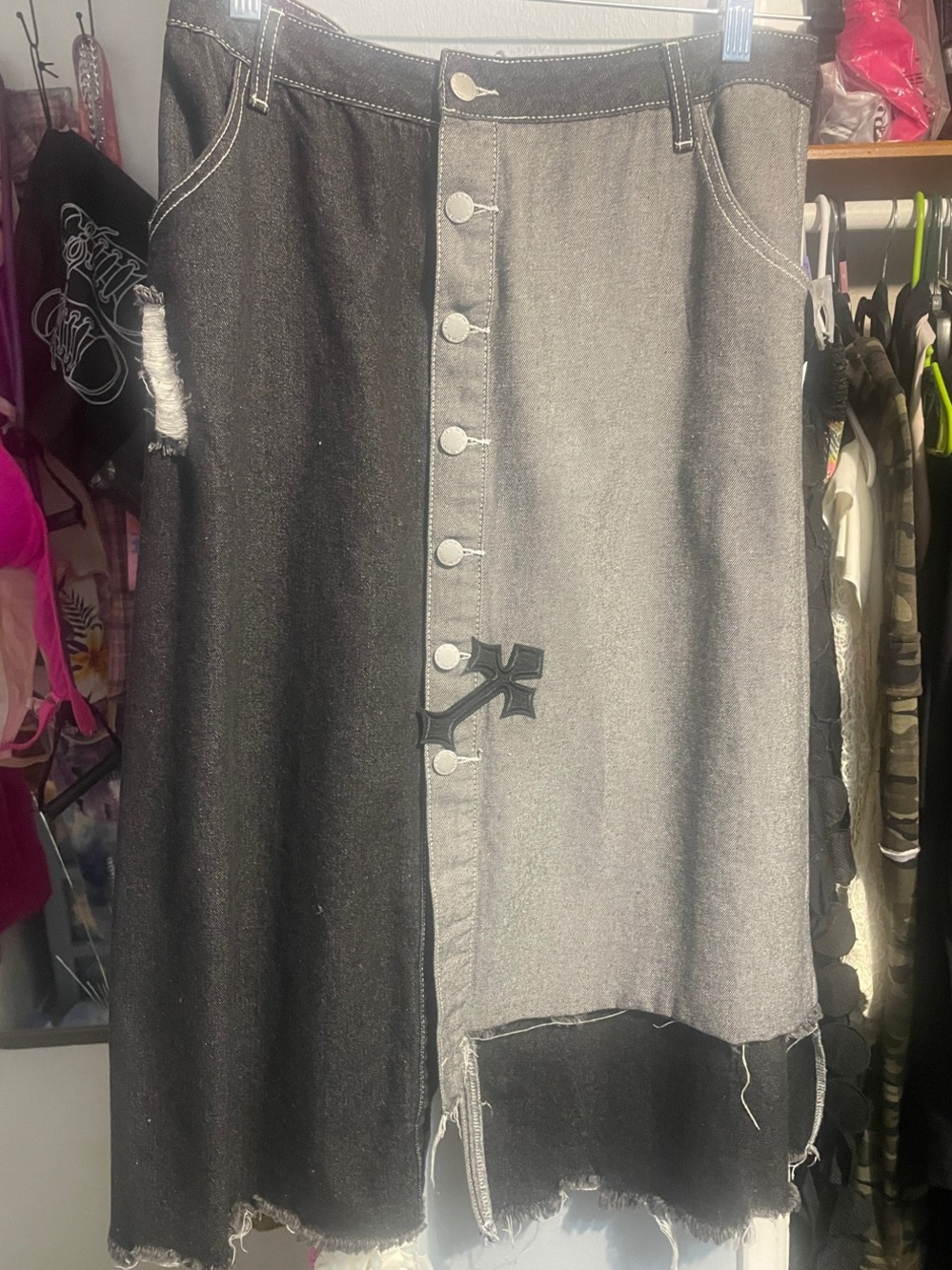 Two-Tone Asymmetrical Denim Skirt in Black and Gray - Distressed Button Front